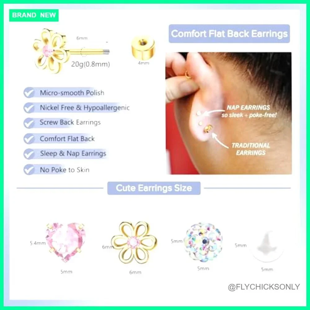 Hypoallergenic Screw Back Stud Earrings for Girls Toddler Sensitive Ears